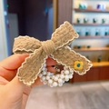 Brown bow hair tie with floral embroidery and white faux pearls for girls - 2# Coffee Bow