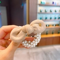 Elegant beige suede bow scrunchie with white pearls for girls hair decoration - 4# Milk Tea Bowtie
