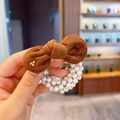 Elastico per capelli con fiocco in pelle scamosciata marrone e perle bianche da ragazza - 5# Fiocco Marrone