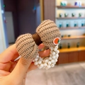 Elastico per capelli in maglia marrone con perle bianche e ricamo a fragola rossa - 6# Fiocco in Maglia