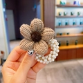 Elastico per capelli con fiore marrone lavorato a maglia e perle bianche - 7# Fiore in Maglia