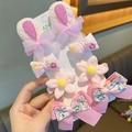 Set di fermagli per capelli con orecchie di coniglio e fiori rosa da bambina - Rosa