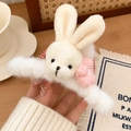 Pinza per capelli a forma di coniglio in peluche con fiore rosa e fiocco a quadretti - Piccolo Coniglio Crema Molletta Peluche