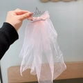 Fermaglio con fiocco rosa e corona glitterata argento con velo in tulle per bambine - Fermaglio Fiocco e Corona Con Velo / Fermaglio Rosa