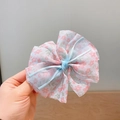 Barrette à cheveux pour filles avec nœud en mousseline florale et ruban bleu au centre - Floral Bleu