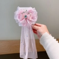 Lazo para el pelo de tul rosa con corona plateada y lentejuelas para niñas pequeñas - 3 Rosa Con Malla Flotante