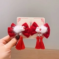 Fermagli per capelli a fiocco in velluto rosso con pompon e nappe lunghe - Clip a Coppia con Coniglio