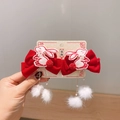 Fermagli per capelli a fiocco in velluto rosso con ricamo a coniglio e pom pom - Coniglio Bianco