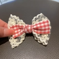 Red and white checkered bow hair clip with delicate white floral lace layers for girls - Red
