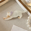 Sweet white resin cat hair clip with purple bow and gold accents in aesthetic tray - Milk White