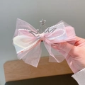 Pinza para el pelo con lazo de malla rosa, borde de perlas y corona de diamantes - 1# Multicolor