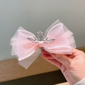 Pinza para pelo con lazo de malla rosa, perlas y corona plateada para niñas - Rosa