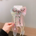 Girl's gradient organza hair clip with pink rose embroidery and long ribbon - Pink Yellow