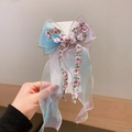 Blue-purple gradient organza bow hair clip with detailed floral embroidery and gold edges - Pink Purple