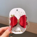 Barrette à cheveux festive en velours rouge avec résille dorée et détails de cœur chic - Nœud Double Couche