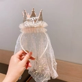 Serre-tête couronne Happy Birthday rose avec voile en tulle pour anniversaire - Or Champagne