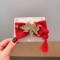 Pince à cheveux nœud en velours rouge avec broderie poisson doré et pompons longs - Poisson rouge