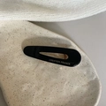 Elegant black teardrop acetate hair clip with gold metal grip and Creation France text - Black Font Duckbill Clip (6.5cm)