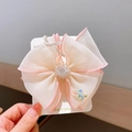 Pink embroidered organza flower bow hair clip for girls featuring a crystal centerpiece - Large Beige