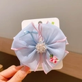 Light blue organza bow hair clip with floral embroidery and crystal center detail - L Blue
