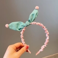 Pink scrunchie headband with green checkered rabbit ears and soft pom poms - Green