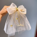 Pinza para el pelo con lazo de malla blanca, velo largo y flores amarillas - Amarillo