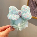 Mint green sequin bow hair scrunchie with pink crystal center on display card - Hair Tie / Mint Green Bow Hair Tie