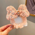 Pale pink lace bow hair scrunchie with sequins and a central amber gemstone decoration - Hair Tie / Lotus Pink Bow Hair Tie