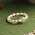 New Chinese style pearl ring featuring a translucent green jade bead on dark green fabric - One Size (Elastic) / Pearl Ring (Elastic Cord)