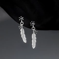Vintage silver feather earrings with black gemstone and refined brushed texture - Silver Black (Feather Shape)