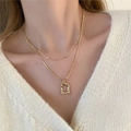 Collier élégant doré à double couche avec pendentif rectangle géométrique sur tricot blanc - Doré