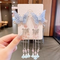 Fermagli per capelli a farfalla in pizzo azzurro con lunghe nappe di perline per bimba - Farfalla in Rete Blu con Nappine (15)