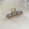 Elegant checkered acetate hair claw clip with golden metal base for women's hairstyles - Grey Plaid