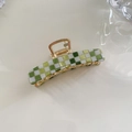 Elegant Korean style gold metal hair claw clip with green and white checkered pattern - Green Checkered