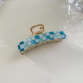 Blue and white checkered acetate hair claw clip with golden metal spring for women - Blue Plaid