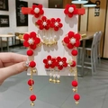 Chinese style red floral hair clips with white pearls, gold bells and mink fur tassels - Red Flower Bell Style (27)