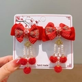 Fermagli per capelli a fiocco in velluto rosso cinese con ricami e nappe di perle - Stile Pompon con Perle