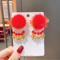 Pinces à cheveux chinoises pour enfants avec pompons rouges et clochettes dorées - Gland de Cloche en Fourrure de Vison Style 1