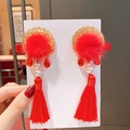 Barrettes chinoises traditionnelles rouges en peluche avec breloques dorées et longs glands - Fourrure de Vison Rouge Écran Doré Style 6
