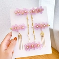 Pink Chinese style floral hair clip set with golden tassels and pearl decorations - Eternal Flower Purple (2)