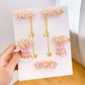 Five-piece set of pink crystal flower and golden tassel hair clips for girls - Ice Heart Jade Bone Pink (5)