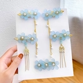 5-piece set of light blue flower hair clips with gold tassels and pearls for girls - Eternal Flower Blue (1)