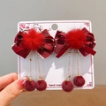 Nœud à cheveux rouge de style chinois avec pompons en fourrure et gland doré pour fille - Fourrure de Vison Rouge Rétro Style 19