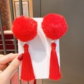 Barrettes chinoises avec boules en vison rouge et longs glands pour petites filles - Grand Pompon Rouge Style 25