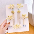 Handmade Chinese style 5-piece floral hairpin set with long gold tassels and white petals - Jade Leaf Blue (7)