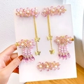 Handmade pink flower hair clips for girls with golden butterfly tassels and pearls - Ice Heart Jade Bone Purple (6)