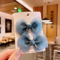 Set of two navy blue mesh bow hair clips for girls displayed on a white branded card - Hair Clip (C856) / Blue Gray
