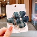 Cute dark green plaid flower hair clip with a pearl center on a display card - Forest Letter (Green Plaid)
