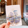 Plaid flower hair clip for girls featuring purple checkered fabric and white faux pearl center - Hoshino (Purple Yellow Plaid)