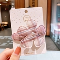 Cute pink and white plaid flower hair clip with a white faux pearl center on a card - Jianxue (Pink White Plaid)
